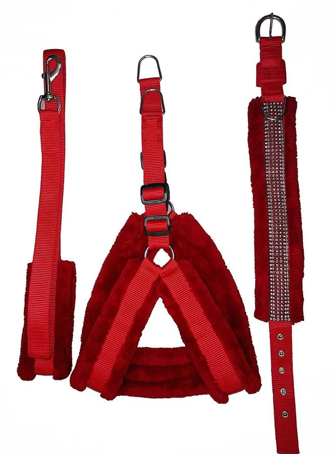 Ocean Wave Petsplanet Nylon Dog Harness Leash & Collar Set with Soft Fur - 1 Inch Medium Red - Image 1